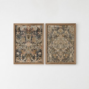 May include: Two rectangular wall art pieces in wooden frames, each featuring a complex, symmetrical floral and damask pattern in muted shades of blue, beige, cream, and brown, displayed side-by-side with a weathered, vintage-inspired aesthetic.
