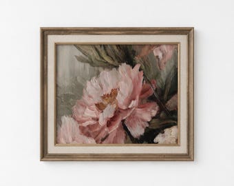 Antique Pink Peony Wall Art, Vintage Floral Painting, Above Sofa Wall Art