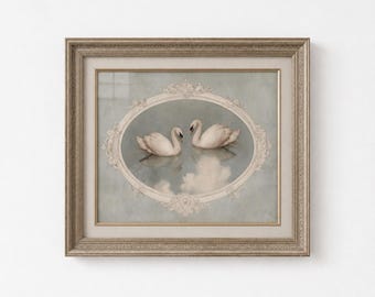Antique Swan Pair Wall Decor, Cottagecore Bird Illustration, Traditional Art Print, Nursery Wall Decor