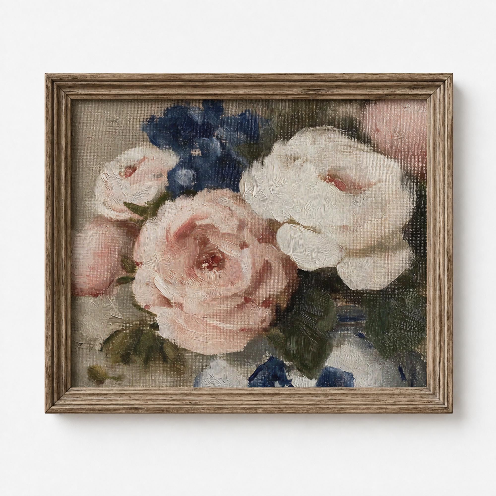 ピンクとクリーム色のバラの壁掛けアート、デルフィニウムの花瓶を描い