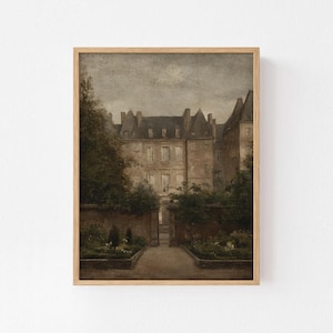 May include: A framed vintage print of a European building with a courtyard. The artwork features a muted color palette of browns, greens, and grays. The building has multiple stories and a dark roof. The courtyard has a stone wall and a garden.