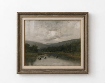 Moody Fall Landscape Wall Print, Vintage Pastoral Scene, Rustic Home Decor, Large Landscape Print