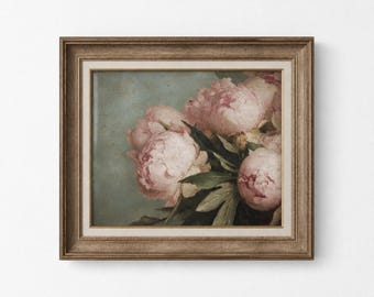 Antikes Ölgemälde mit rosa Pfingstrosen, florale Wandkunst im Shabby-Chic-Stil (Digitaler Download)
