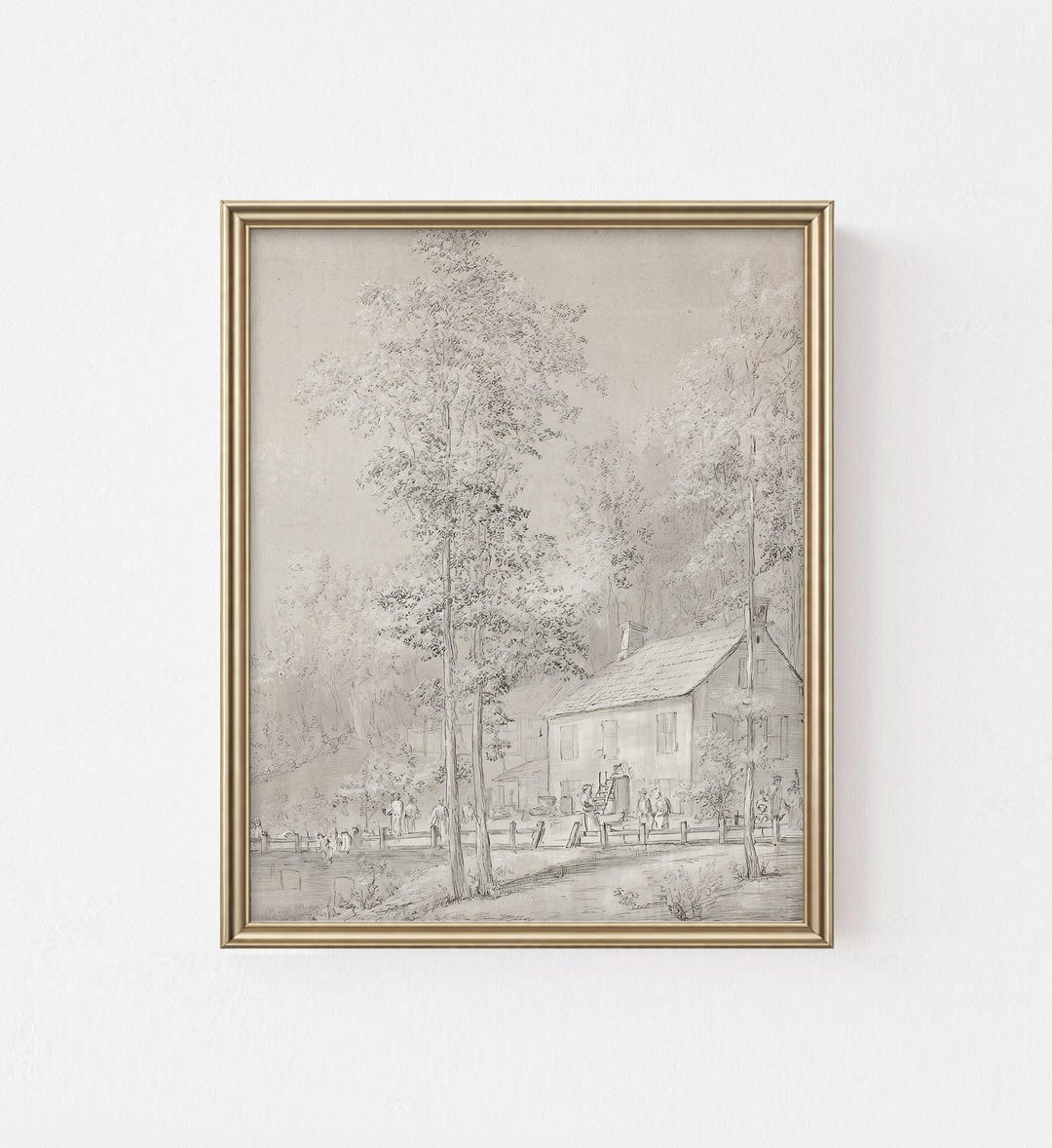 Rustic Cottage Landscape Drawing - Farmhouse Printable Wall Art ...