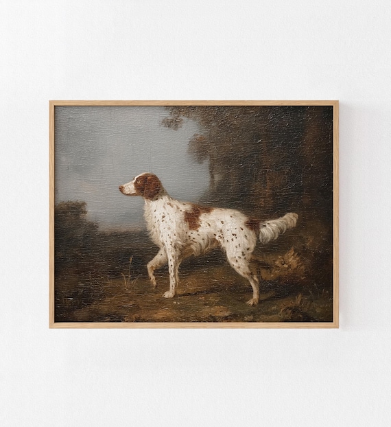 ポインター犬の油絵プリント、セピア調の森の動物の壁掛けアート