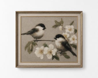 Meisen Meisen Vogel Blumen Druck, Vogel Gemälde, Bauernhaus Wanddekoration