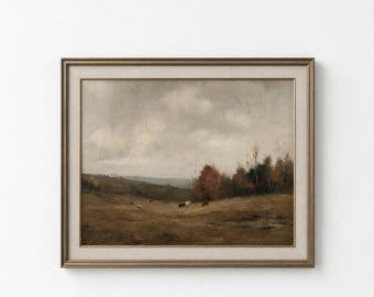 Moody Autumn Landscape Wall Art, Rustic Pastoral Countryside, Earthy Home Decor, Living Room Wall Art