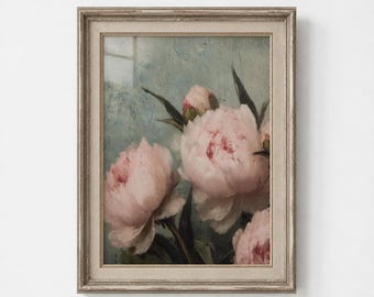 Vintage Pink Peony Wall Art, Antique Floral Painting, Living Room Wall Art