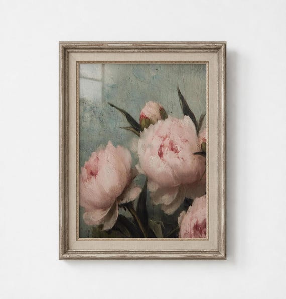 ヴィンテージ風ピンクの牡丹の花の絵画、アンティーク調のコテージコア 