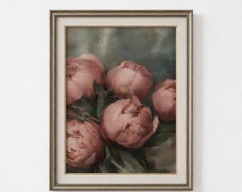 Antique Pink Peony Wall Decor, Vintage Floral Painting, Dining Room Wall Art