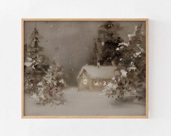 Lámina artística con escena invernal rústica, escena de cabaña vintage, arte navideño de granja, decoración de pared para sala de estar.