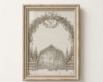 Vintage Barn Line Drawing Wall Art, Antique Sketch Print, Farmhouse Home Decor