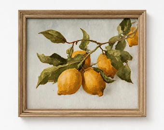 May include: An oil painting in a wooden frame depicting a branch with several yellow lemons and green leaves against a light gray background. The artwork captures the textured brushstrokes of the fruit and foliage in a realistic style.