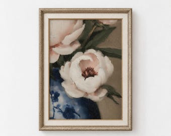 Vintage Roses in Vase Wall Art, Vintage Floral Painting, Living Room Wall Art