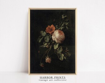Antique Botanical Floral Oil Painting, Wall Art, Printable Wall Art, Digital Art, Downloadable Prints