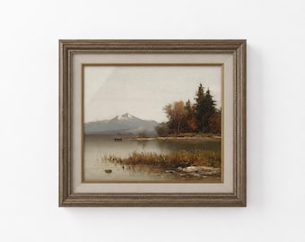 Moody Autumn Landscape Wall Decor, Vintage Lakeside Mountain, Classic Wall Art, Large Landscape Print