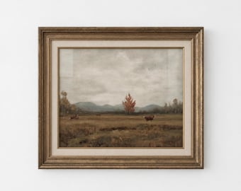 Moody Autumn Landscape Wall Art, Vintage Pastoral Scene, Timeless Home Decor, Living Room Wall Art