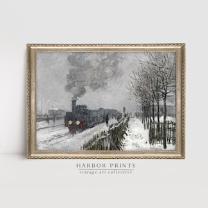 Pintura a óleo de inverno vintage, arte de parede de neve, impressão de Natal, decoração de fazenda, download digital neutro para impressão