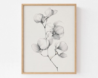 Rustic Botanical Sketch Art Print, Vintage Flower Study Fine-Line, Minimalist Wall Decor, Bathroom Wall Decor