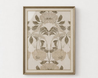 Symmetrical Damask Floral Vintage Tapestry Print, Large Blooms with Feathered Leaves (Digital Download)