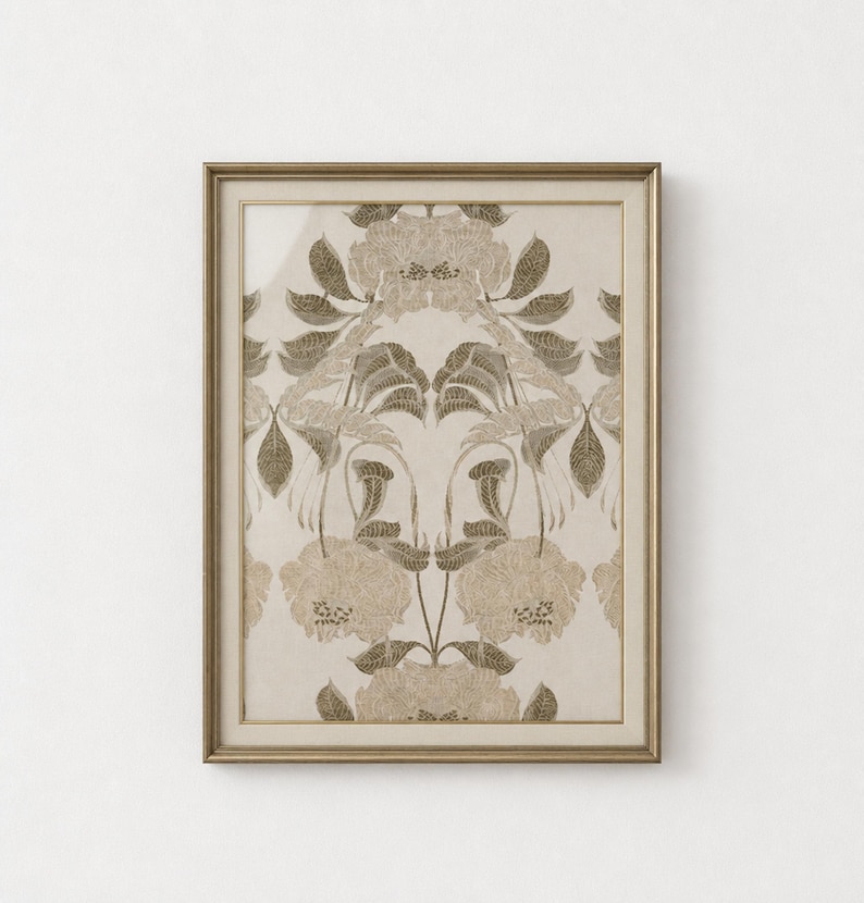 Symmetrical Damask Floral Vintage Tapestry Print, Large Blooms with Feathered Leaves (Digital Download) image 1