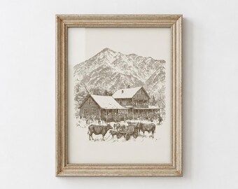 Classic Farmhouse Drawing Wall Decor, Vintage Landscape Ink Art, Farmhouse Home Decor