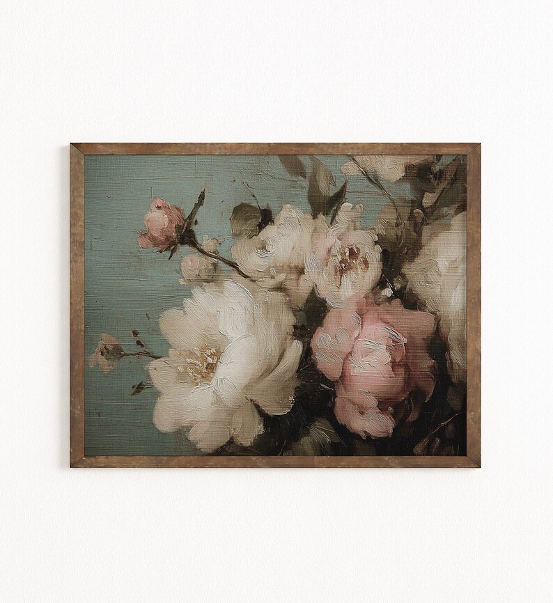 Impressionist floral wall art for workspace — beautiful peonies in soft blush tones, enhancing a chic vintage aesthetic.