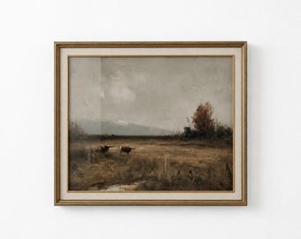 Rustic Fall Landscape Art Print, Vintage Pastoral Scene Cows, Country Home Decor, Living Room Wall Art