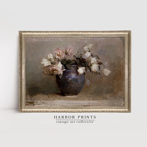 Moody Vintage Flower Painting, Roses Oil Painting, Cottagecore and Farmhouse Wall Decor, Printable