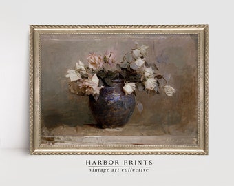 Moody Vintage Flower Painting, Roses Oil Painting, Cottagecore and Farmhouse Wall Decor, Printable