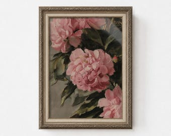Vintage Pink Peony Wall Decor, Moody Floral Painting, Farmhouse Wall Art