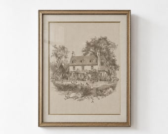 Antique Country Cottage Ink Drawing Print, Vintage Sketch Art, Farmhouse Wall Decor