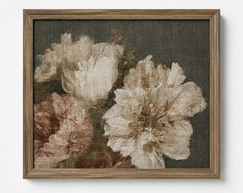May include: A rectangular wall art piece featuring a floral painting of cream and muted pink peonies set against a dark charcoal gray textured background, enclosed within a medium-toned brown wooden frame with a visible wood grain finish.
