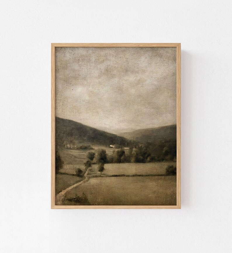 Vintage Farmhouse Landscape Art Print – Neutral Countryside Scene ...