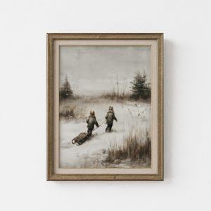 Two Children Pulling a Sled Wall Art, Winter Oil Painting with Conifer Trees (Digital Download)