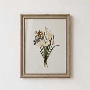 Iris Flower Bouquet Art Print, White and Blue Purple Blooms with Sword-Shaped Leaves (Digital Download)