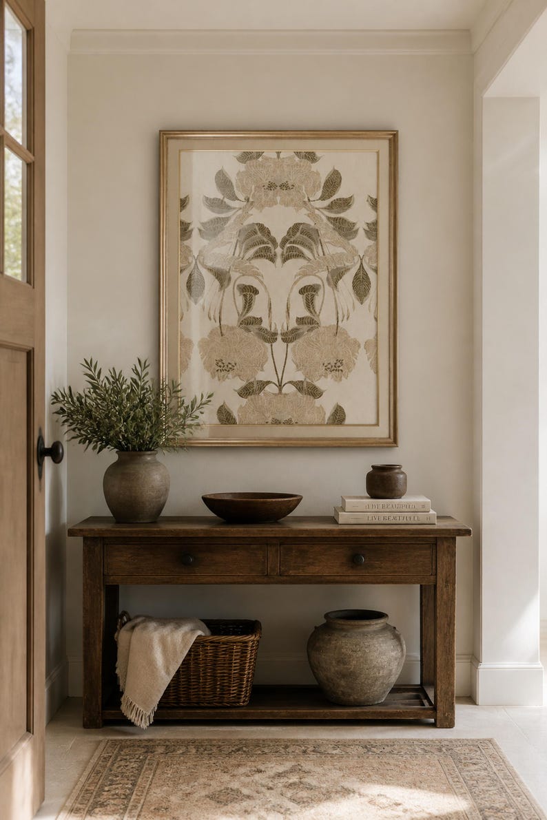 Symmetrical Damask Floral Vintage Tapestry Print, Large Blooms with Feathered Leaves (Digital Download) image 2