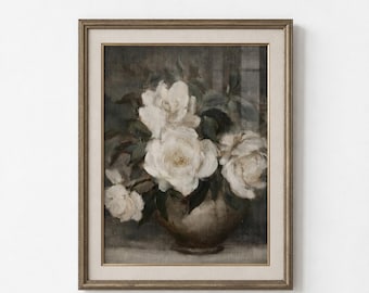 Vintage Roses in Vase Wall Art, Vintage Floral Painting, Farmhouse Home Decor