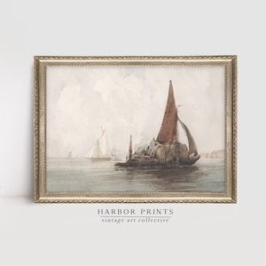 Pintura de barcos antiguos en el mar, boceto de veleros neutros, impresión vintage náutica costera, descarga digital imprimible