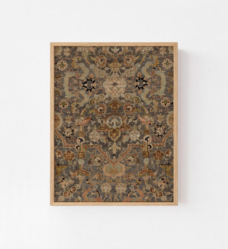 Persian Rug Medallion Vintage Tapestry Print, Sage and Rust Pattern Wall Art (Digital Download) image 1