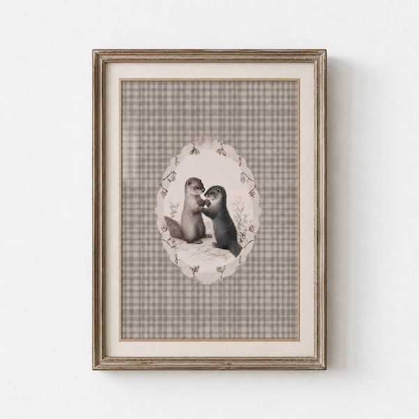 Pair of Otters Wall Art, Oval Medallion on Checked Fabric (Digital Download)