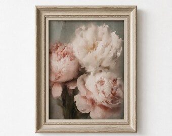 Antique Blush Pink Peonies Print, Vintage Floral Oil Painting, Bedroom Wall Decor