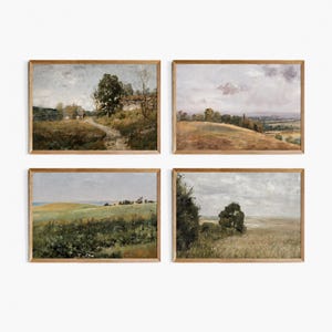 May include: A set of four rectangular landscape paintings in wooden frames. The artworks depict rural scenes with rolling hills, grassy fields, trees, and cloudy skies in muted tones of green, brown, beige, and soft gray, capturing natural scenery.