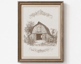 Classic Barn Ink Drawing Wall Decor, Vintage Country Sketch Print, Farmhouse Home Decor