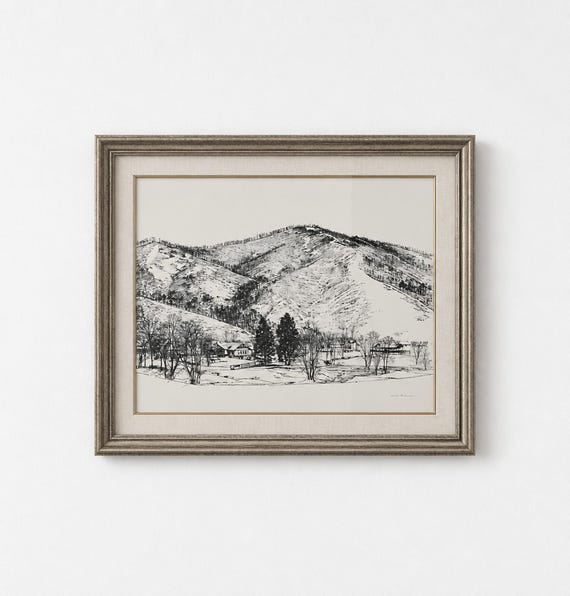 Winter Mountain Ink Drawing Print, Vintage Farmhouse Wall Art