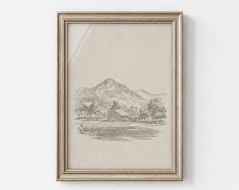 Vintage Mountain Scene Pencil Sketch Print, Rustic Farmhouse Drawing Art, Entryway Wall Decor