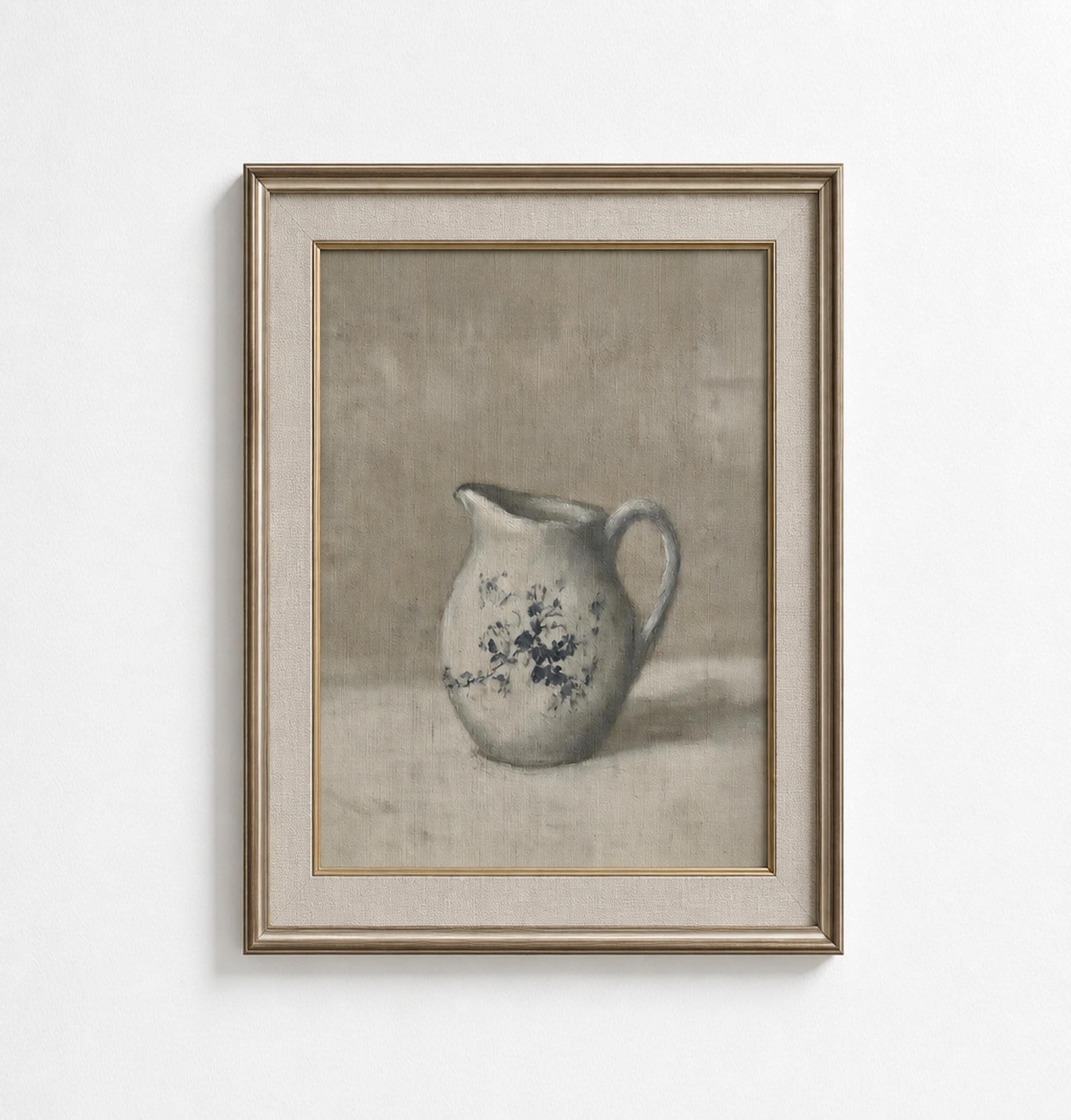 白いピッチャーのアートプリント、青い花柄の油絵（デジタル