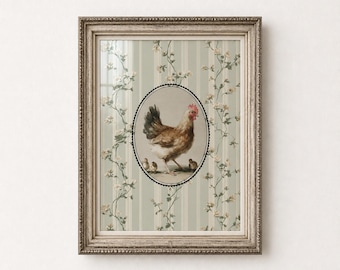 May include: A framed wall art print featuring a central oval illustration of a brown hen with three small chicks. The background displays a light green and white vertical striped pattern with climbing floral vines. The frame is ornate and metallic.