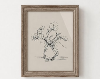Rustic Floral Vase Line Art Print, Vintage Botanical Drawing Print, Living Room Wall Art