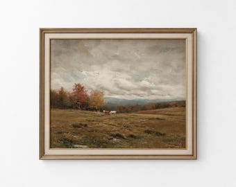 Moody Fall Landscape Print, Vintage Pastoral Scene, Farmhouse Home Decor, Large Landscape Print